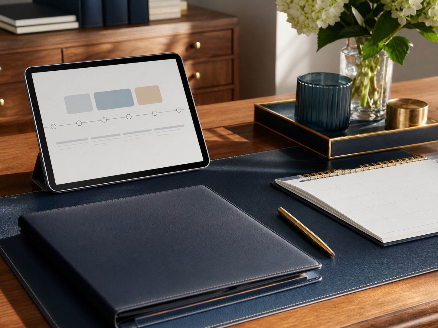 Private advisory workspace with tablet and calendar